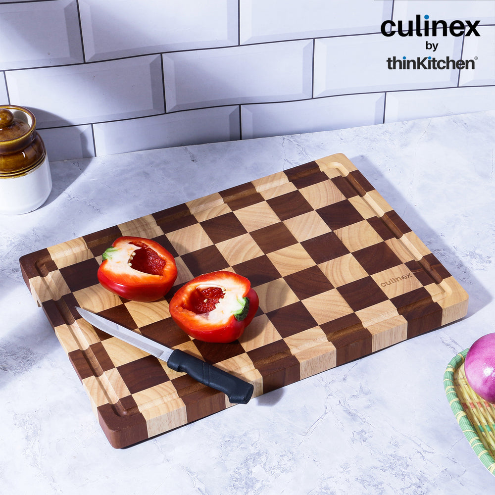 Culinex Double-Sided Premium Cutting Board | Rubber Wood & Carbonized Rubber Wood, Checkered Design with Juice Groove