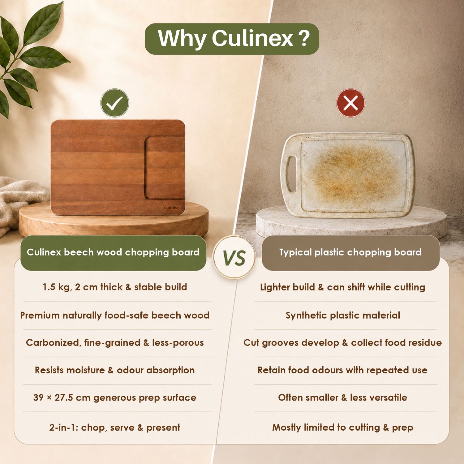 Culinex Beach Wood Premium Chopping and Serving Board | Carbonized 2-in-1 Cutting Board | Eco-Friendly, Durable - 2
