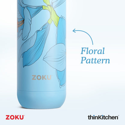 Zoku Stainless Steel Sky Lily Floral Bottle Blue 750ml
