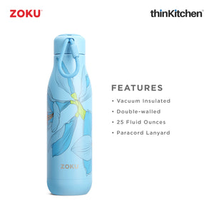 Zoku Stainless Steel Sky Lily Floral Bottle, Blue, 750ml
