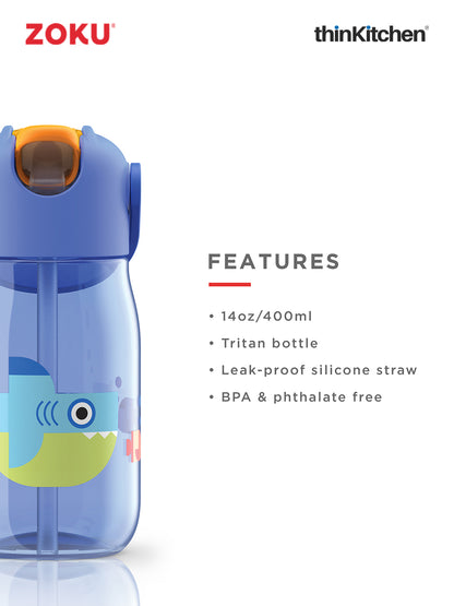 Zoku Blue Kids Flip Straw Bottle 1 Bottle, 1 Lid W/ Straw And Carrying Cord-14Oz/415 Ml