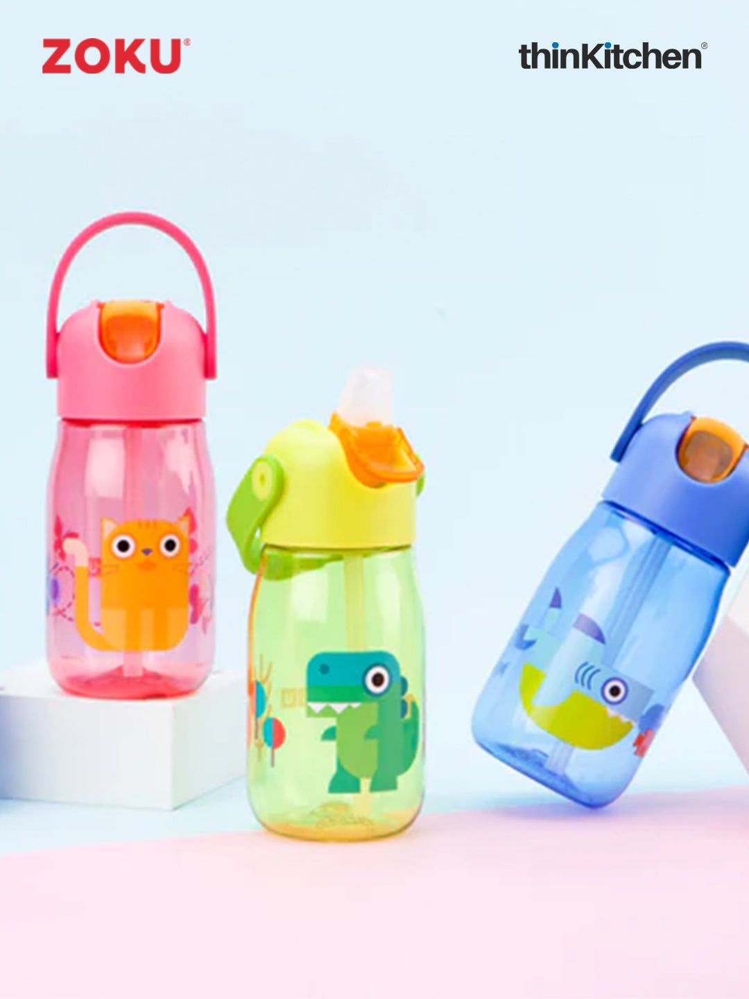 Zoku Green Kids Flip Straw Bottle 1 Bottle, 1 Lid W/ Straw And Carrying Cord-14Oz/415 Ml
