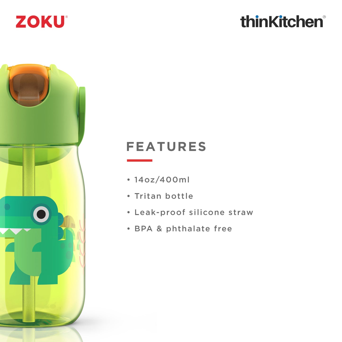 Zoku Kids Flip Straw Bottle, Green, 415ml
