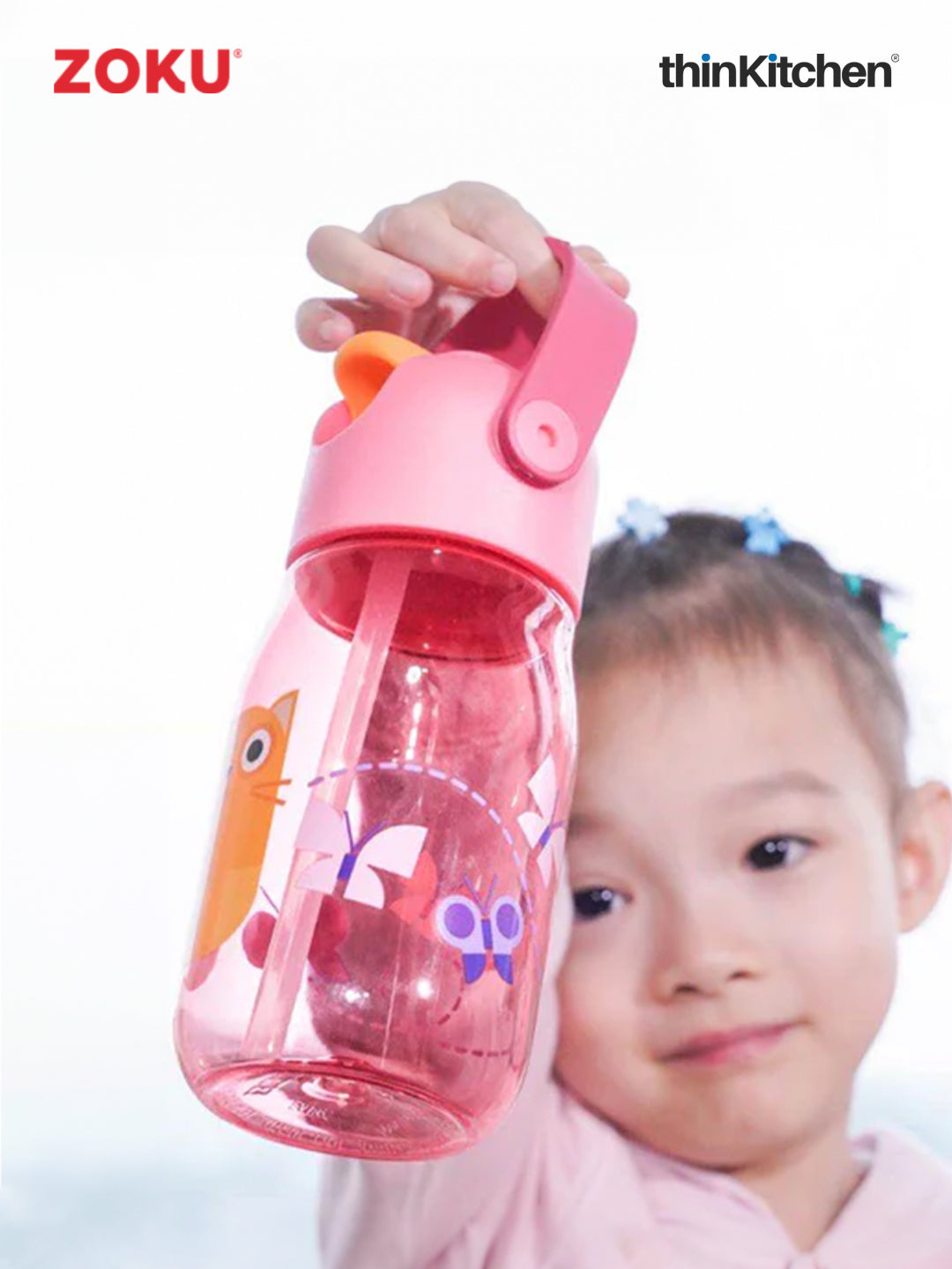 Zoku Pink Kids Flip Straw Bottle 1 Bottle, 1 Lid W/ Straw And Carrying Cord-14Oz/415 Ml