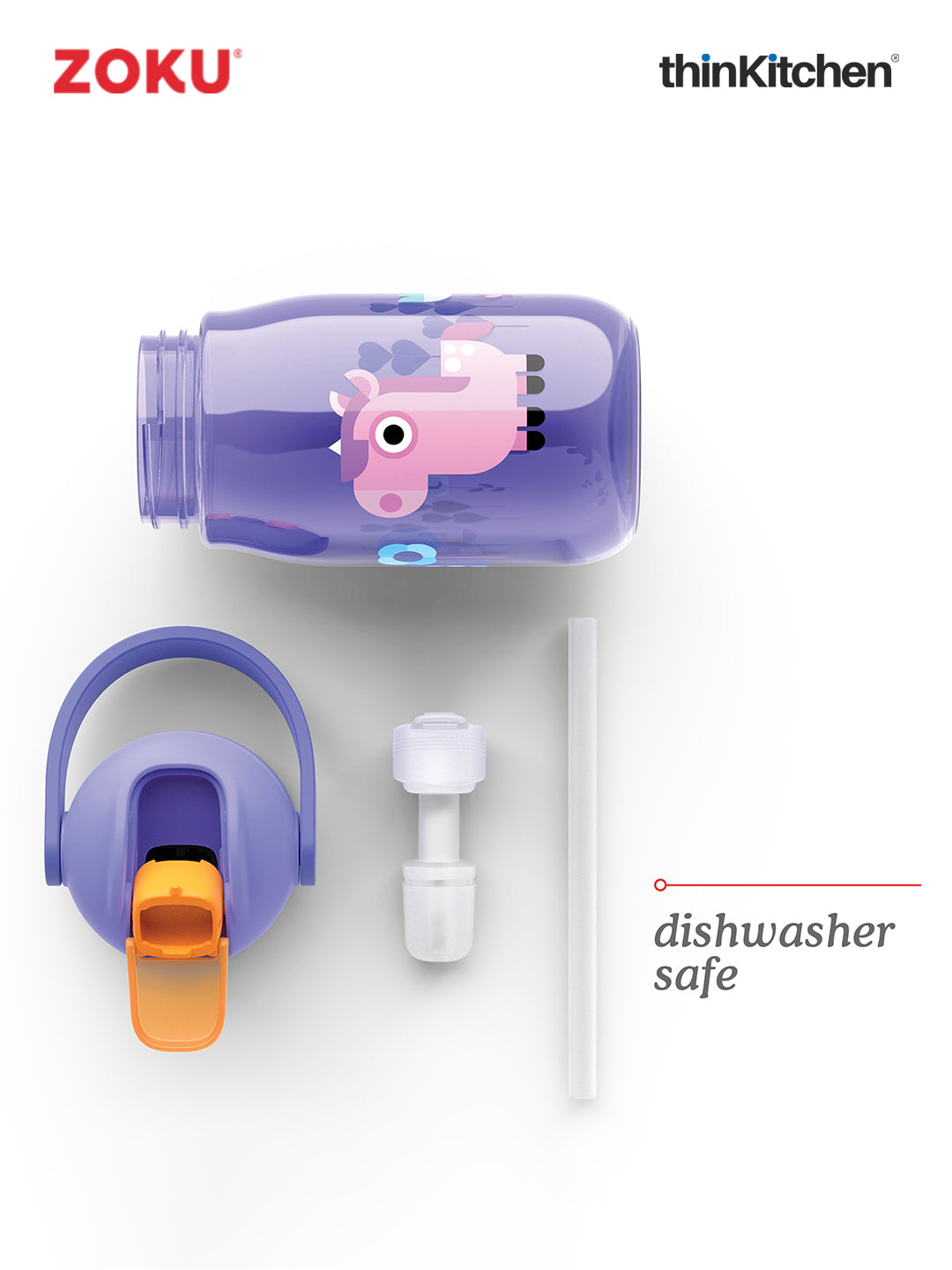 Zoku Purple Kids Flip Straw Bottle 1 Bottle, 1 Lid W/ Straw And Carrying Cord-14Oz/415 Ml
