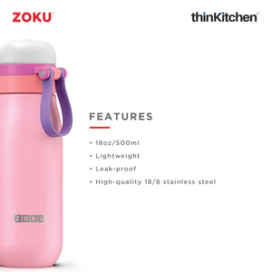 Zoku Ultralight Stainless Steel Bottle, Pink, 500ml