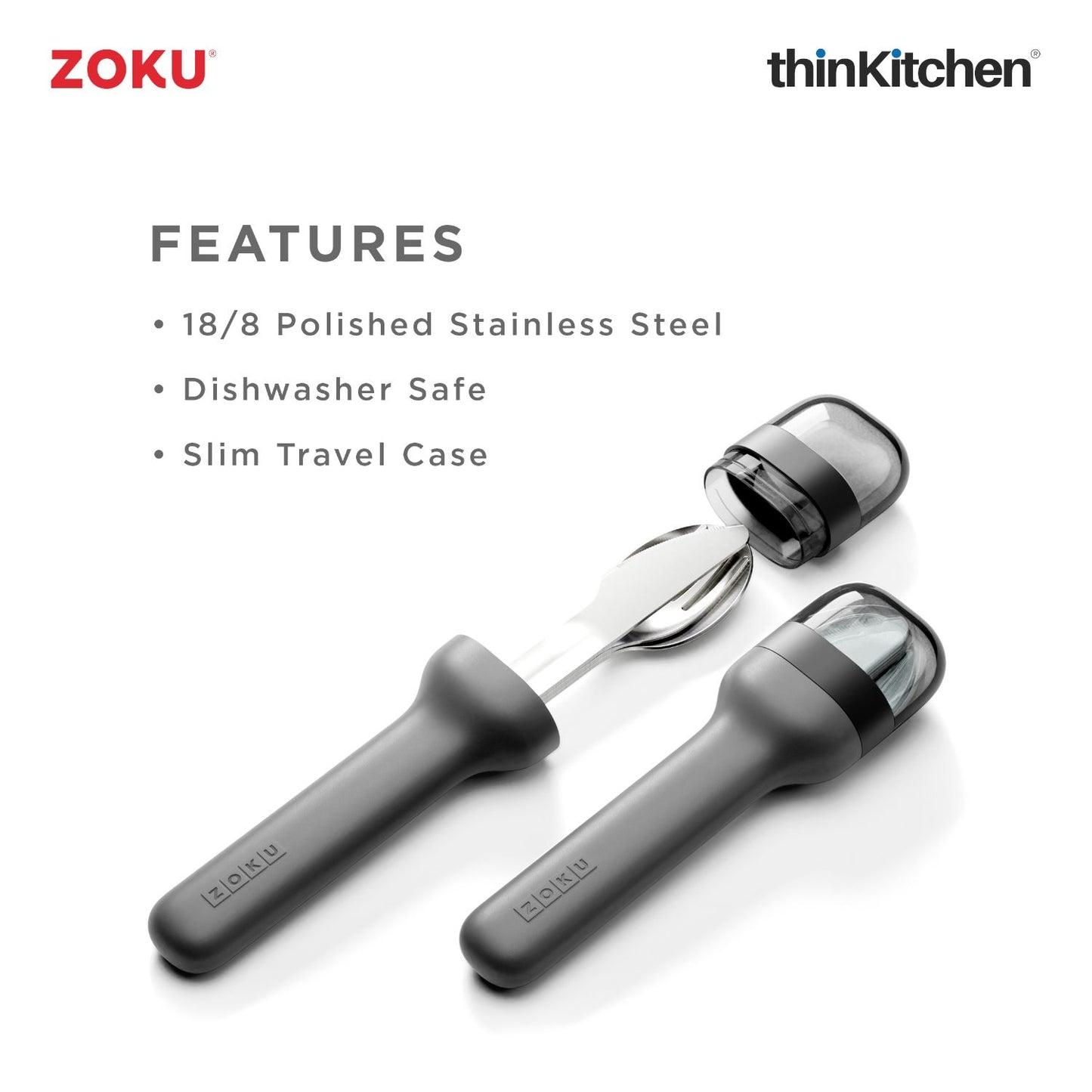 Zoku Stainless Steel Kids Pocket Utensil Set Charcoal