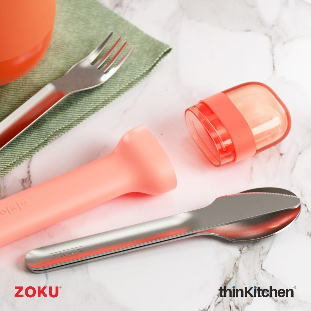 Zoku Stainless Steel Premium 3-Piece Kids Pocket Utensil Includes Fork, Knife, Spoon in Travel Case - Peach