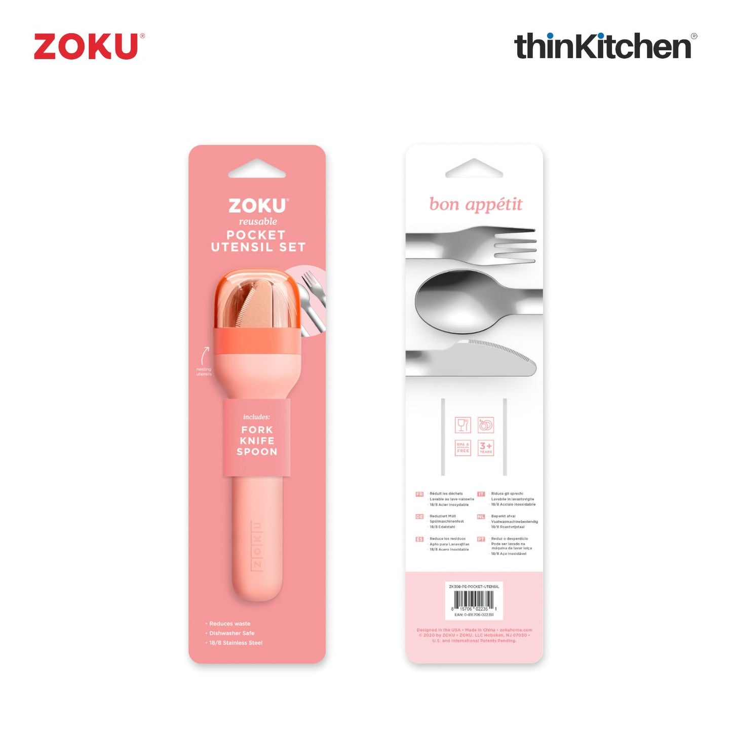 Zoku Stainless Steel Kids Pocket Utensil Set Peach