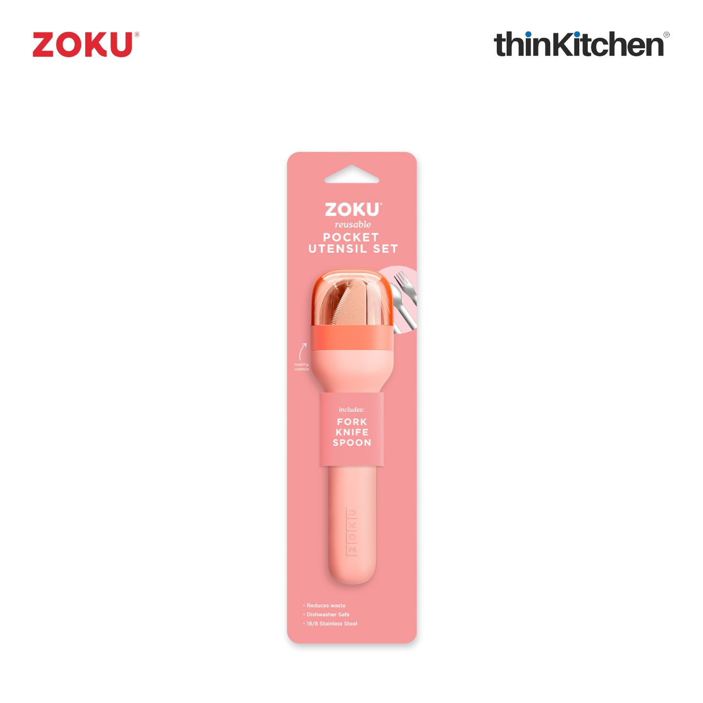 Zoku Stainless Steel Kids Pocket Utensil Set Peach