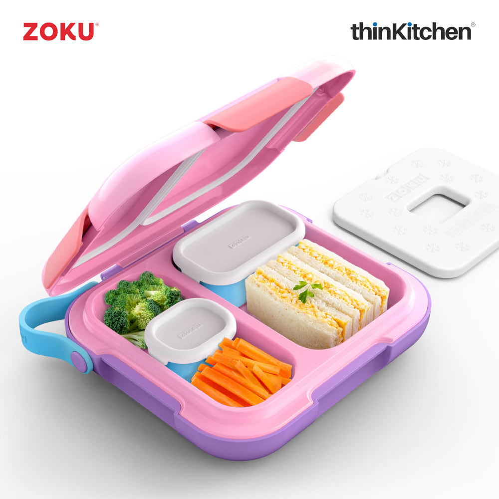 Zoku Premium Neat Pink Bento Lunch Box for Kids with Leakproof Containers, Lightweight, BPA free with Carry Loop