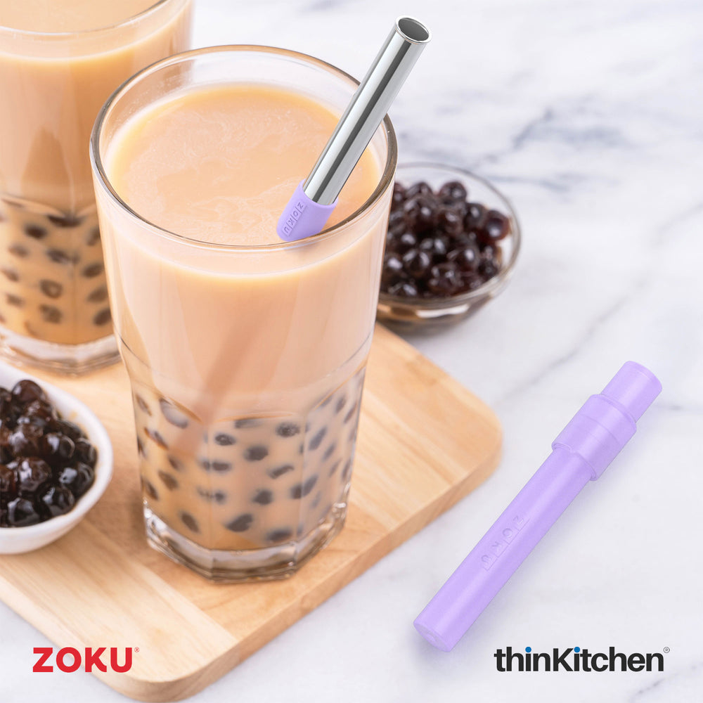 Zoku Jumbo Reusable Collapsible Stainless Steel Pocket Straw for Water Bottles, Sippers, & Tumbler, PURPLE