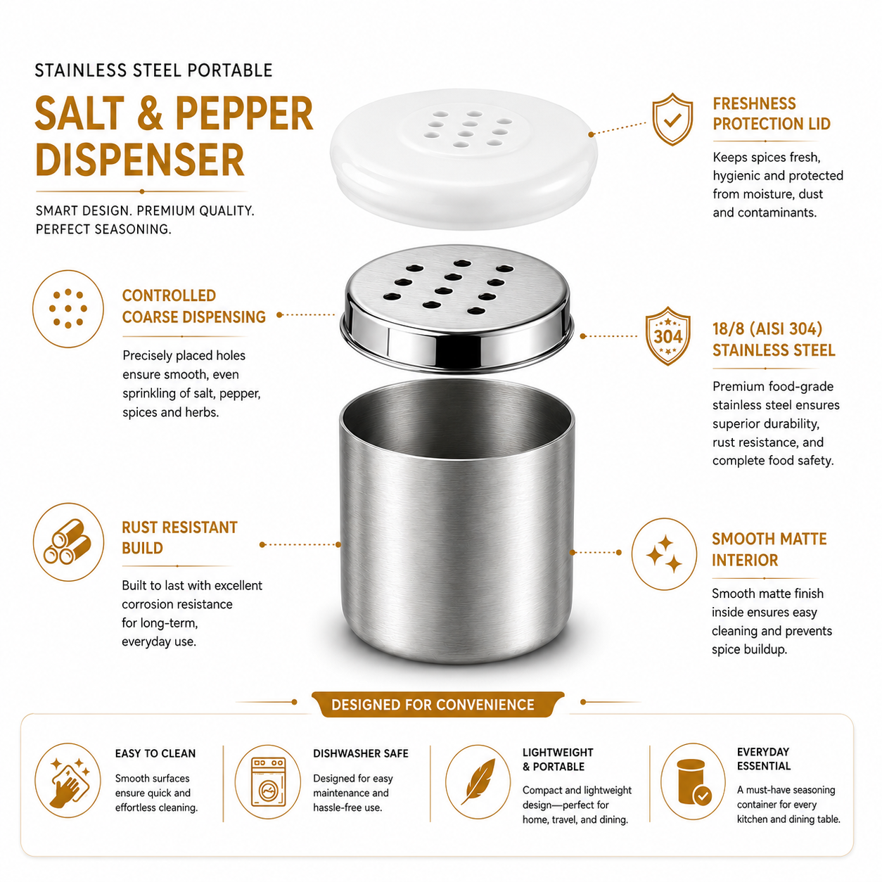 Culinex Stainless Steel Small Portable 100ml Coarse Seasoning Salt Pepper Dispenser -  5x6 cms for Spices, Herbs, Masala, Condiments