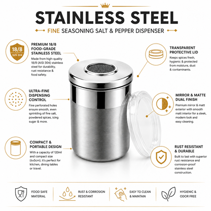 Culinex Stainless Steel Portable Small 120ml Fine Seasoning, Salt / Pepper Dispenser - 6 x 5 cms for Masala, Icing Sugar, Seasoning, Condiments