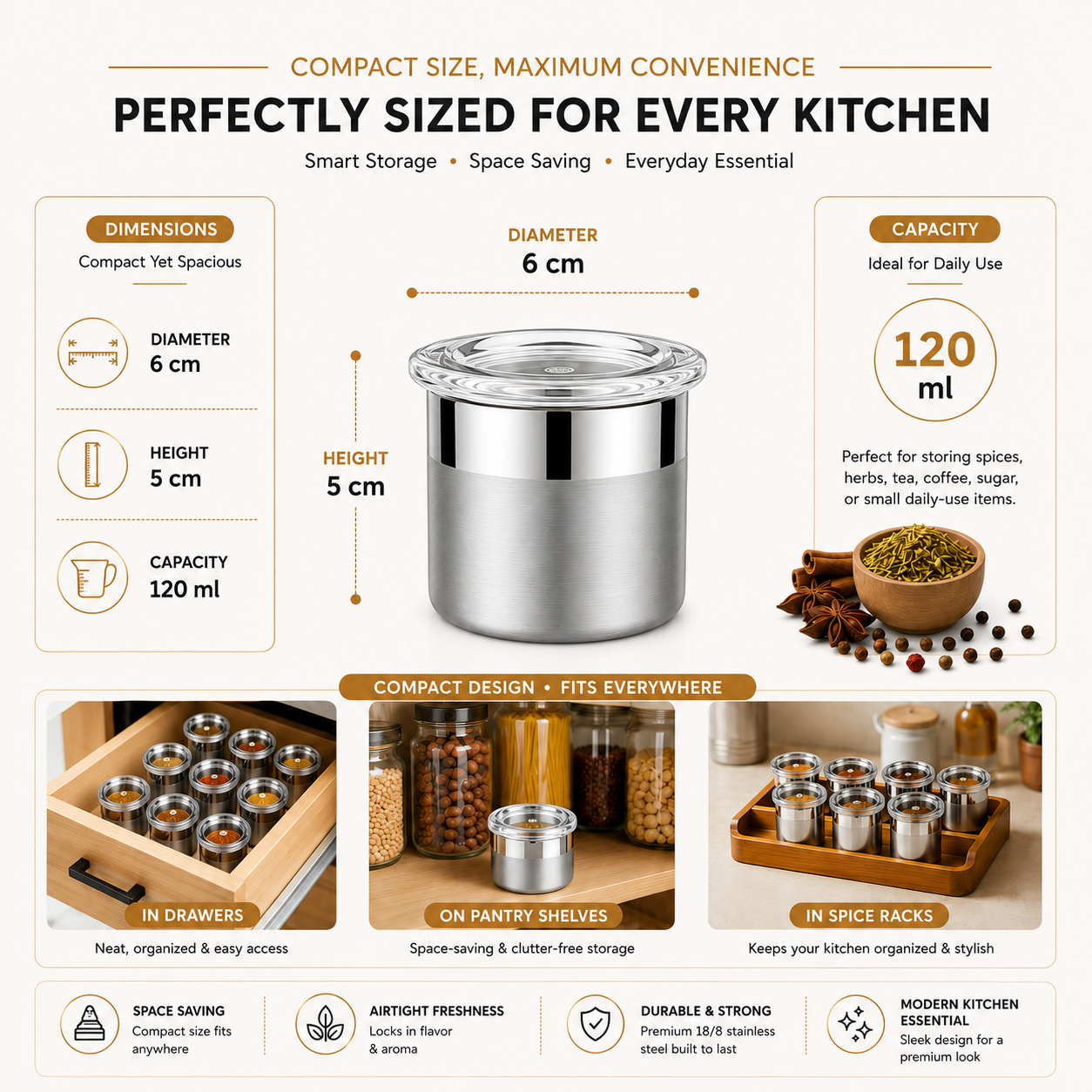 Premium 18/8 Stainless Steel 120ml Small Airtight Storage Multipurpose Container with Acrylic Lid (6x5cms)  for Spices, Herbs - 2