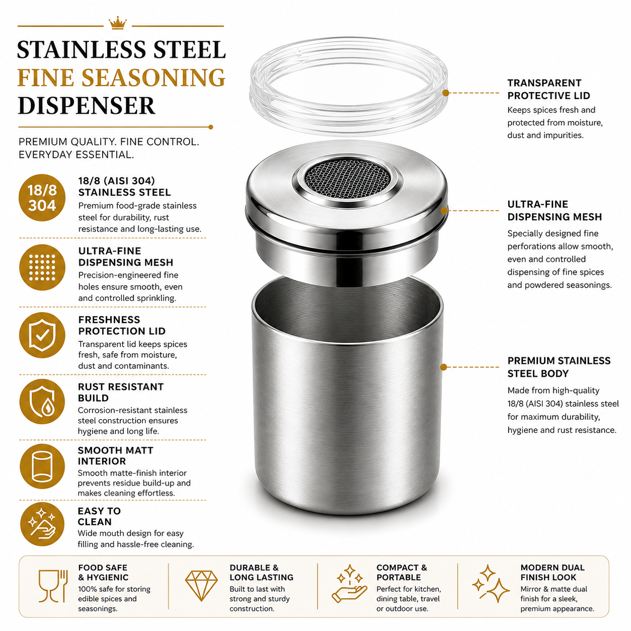 Culinex Stainless Steel Small Portable 100ml Fine Seasoning, Salt / Pepper Dispenser - 5 x 6 cms for Masala, Icing Sugar, Seasoning, Condiments