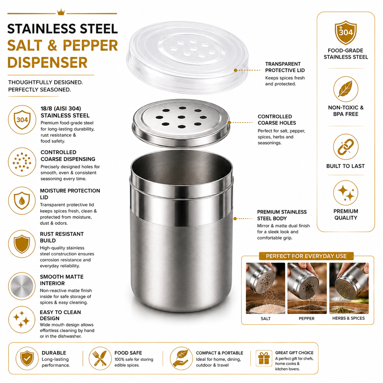 Premium Stainless Steel Small Portable 120ml Coarse Seasoning Salt Pepper Dispenser -  6x5 cms for Spices, Herbs, Masala