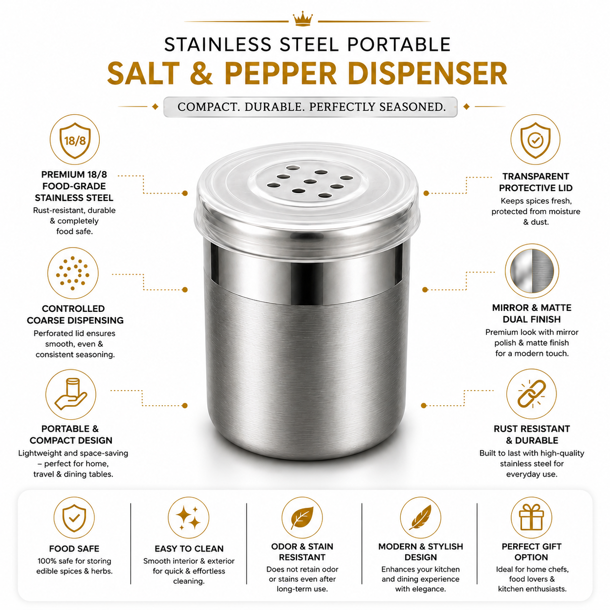 Premium Stainless Steel Small Portable 120ml Coarse Seasoning Salt Pepper Dispenser -  6x5 cms for Spices, Herbs, Masala