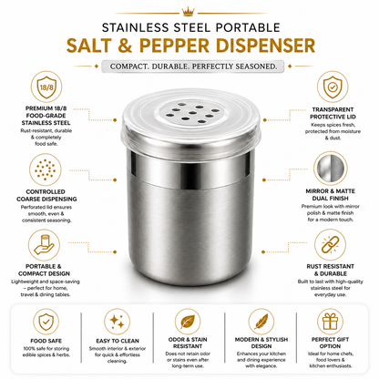 Premium Stainless Steel Small Portable 120ml Coarse Seasoning Salt Pepper Dispenser -  6x5 cms for Spices, Herbs, Masala
