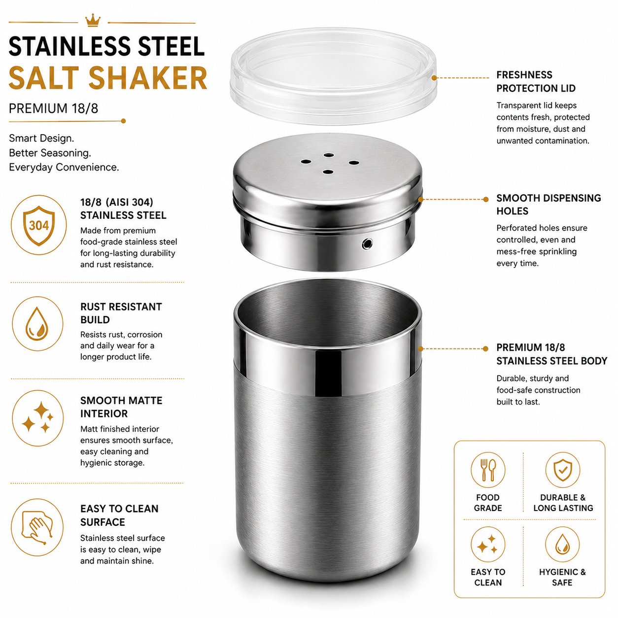 Culinex Stainless Steel Portable Small 120ml Mini Salt Dispenser 6x5 cms for Salt, Powdered Sugar - 3