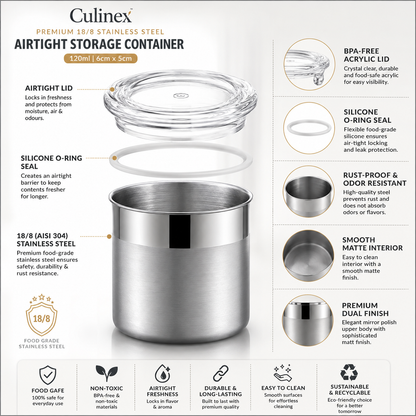 Premium 18/8 Stainless Steel 120ml Small Airtight Storage Multipurpose Container with Acrylic Lid (6x5cms)  for Spices, Herbs