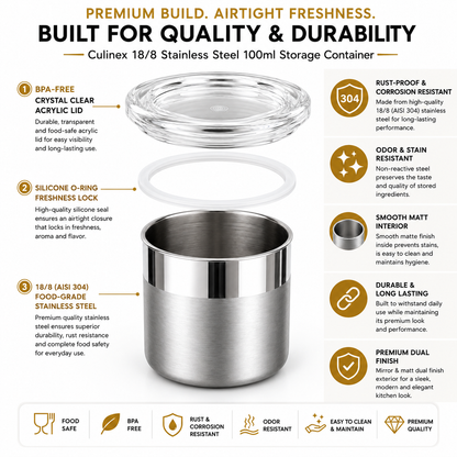 Culinex 18/8 Stainless Steel 100ml Small Airtight Mini Storage Multipurpose Container with Acrylic Lid (5x6cms) for Spices, Herbs