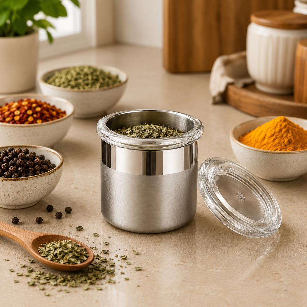 Culinex 18/8 Stainless Steel 100ml Small Airtight Mini Storage Multipurpose Container with Acrylic Lid (5x6cms) for Spices, Herbs