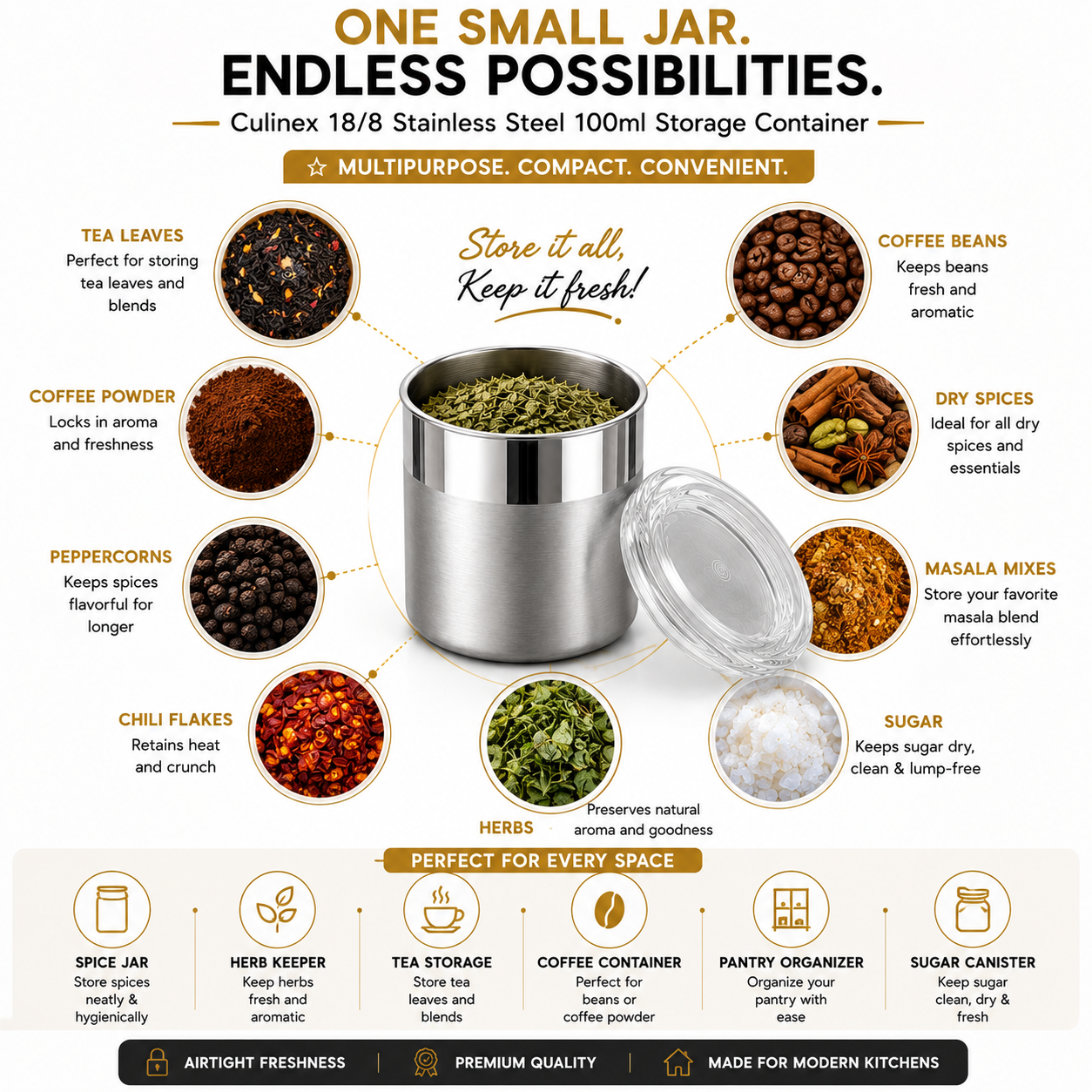 Culinex 18/8 Stainless Steel 100ml Small Airtight Mini Storage Multipurpose Container with Acrylic Lid (5x6cms) for Spices, Herbs - 5