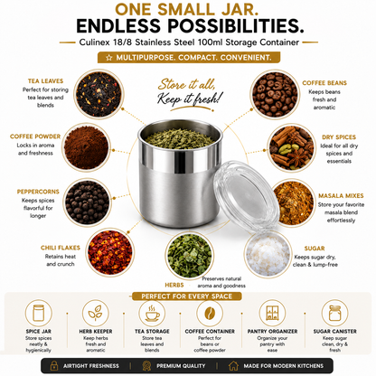 Culinex 18/8 Stainless Steel 100ml Small Airtight Mini Storage Multipurpose Container with Acrylic Lid (5x6cms) for Spices, Herbs