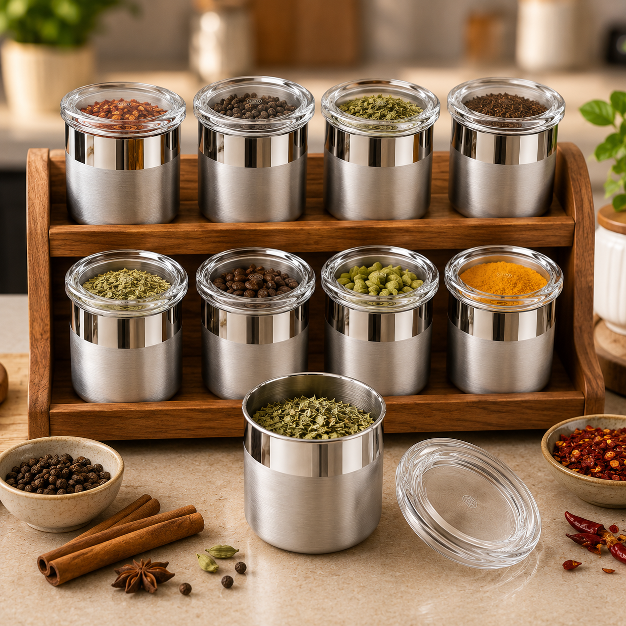 Premium 18/8 Stainless Steel 120ml Small Airtight Storage Multipurpose Container with Acrylic Lid (6x5cms)  for Spices, Herbs