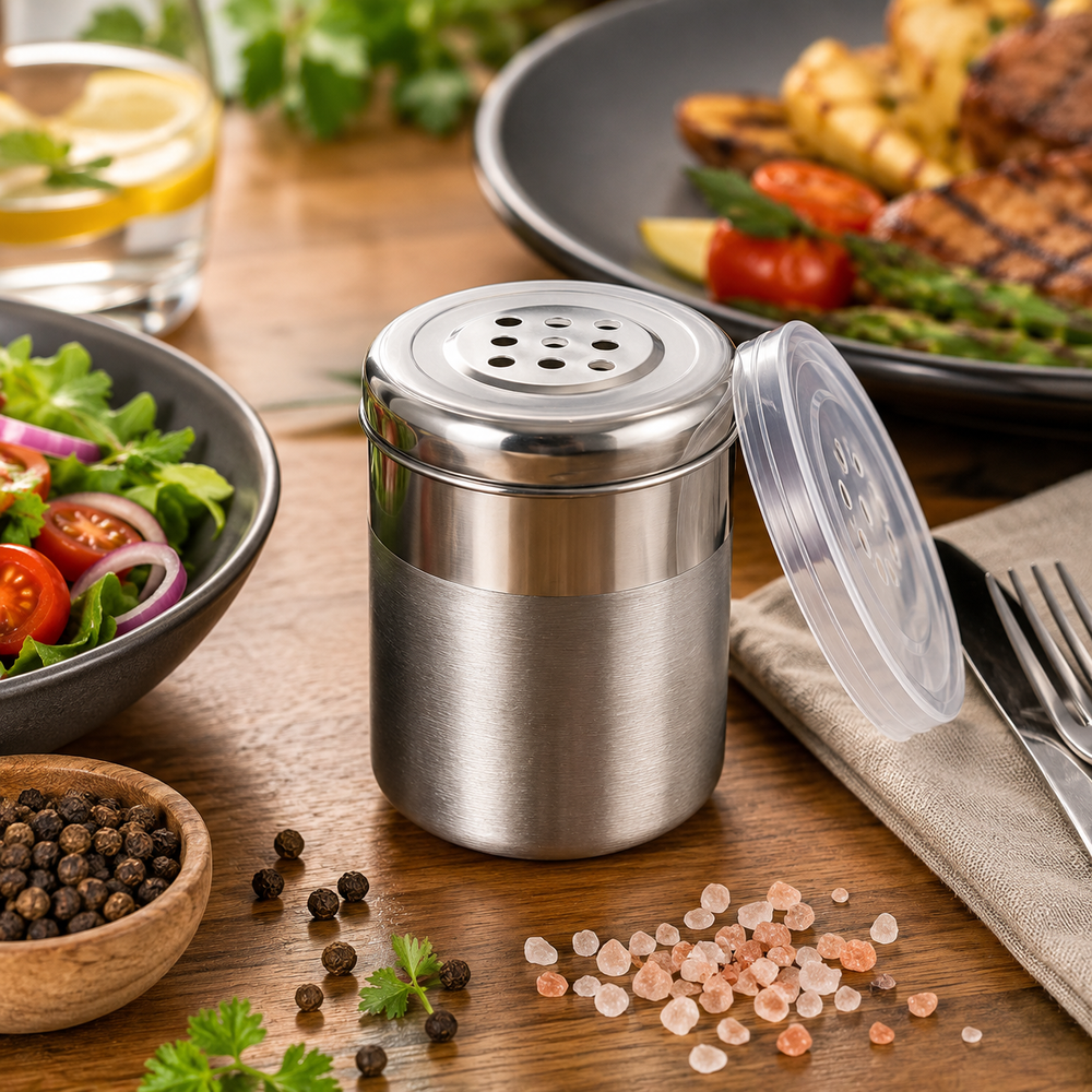 Culinex Stainless Steel Small Portable 120ml Coarse Seasoning Salt Pepper Dispenser -  6x5 cms for Spices, Herbs, Masala
