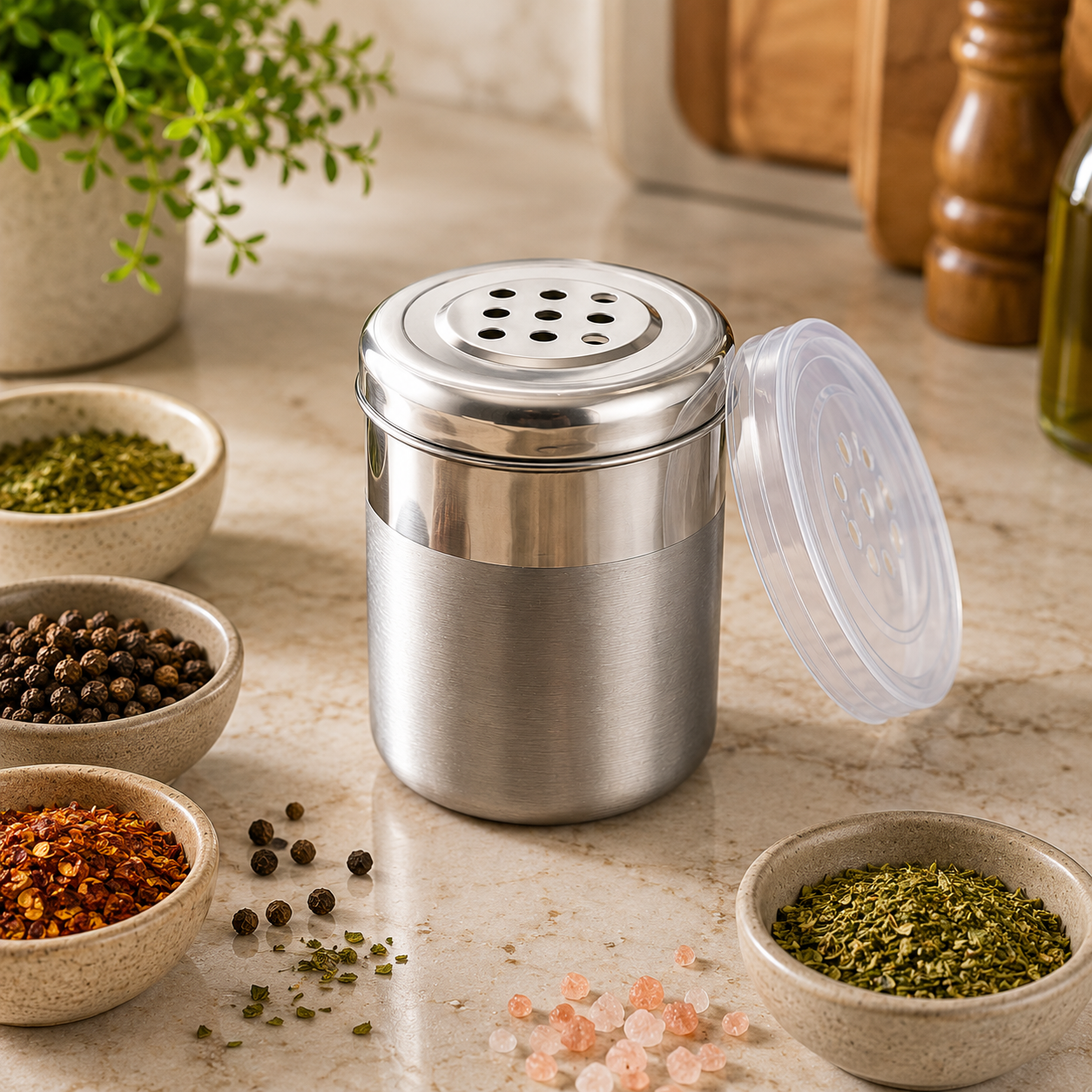 Premium Stainless Steel Small Portable 120ml Coarse Seasoning Salt Pepper Dispenser -  6x5 cms for Spices, Herbs, Masala - 6