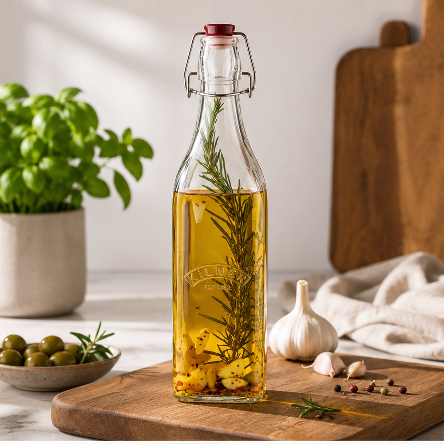 Kilner Premium 1L Square Clip top Airtight Preservative Glass Bottle or Oils, Juices, Drinks, Sauces