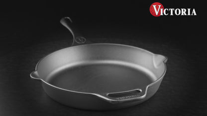 Victoria Cast Iron Skillet Large Frying Pan with Helper Handle Seasoned with 100% Kosher Certified Non-GMO Flaxseed Oil, 12 Inch, Black