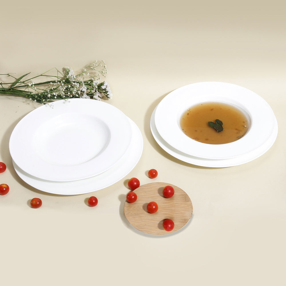 Monno 10.2" Premium Bone China White Rim Soup Plates for Soup, Pasta & Risotto, Set of 2