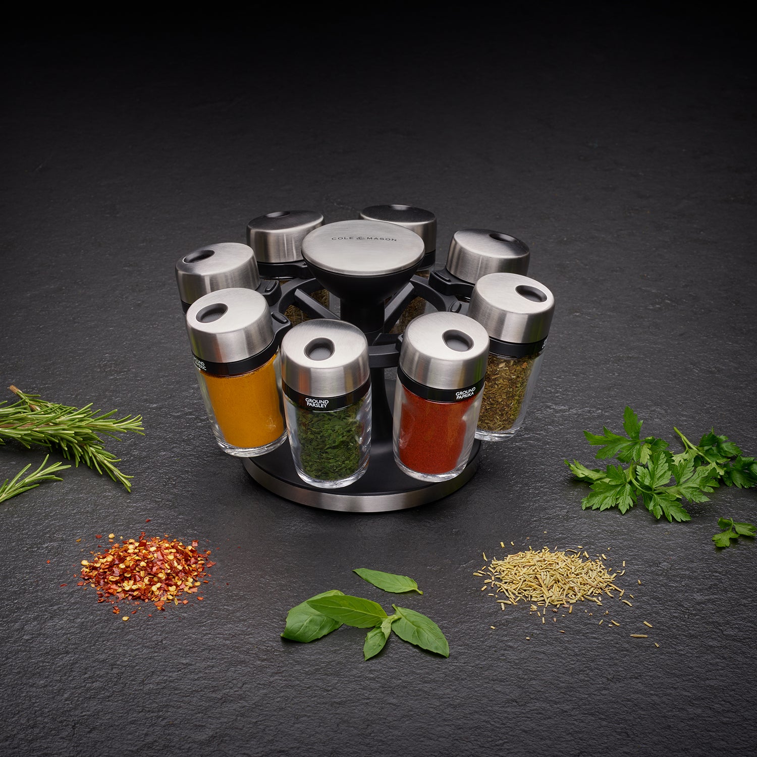 Cole & Mason Premium 8 Jar Filled Herb & Spice Carousel, Stainless Steel & Glass, 13.5cm