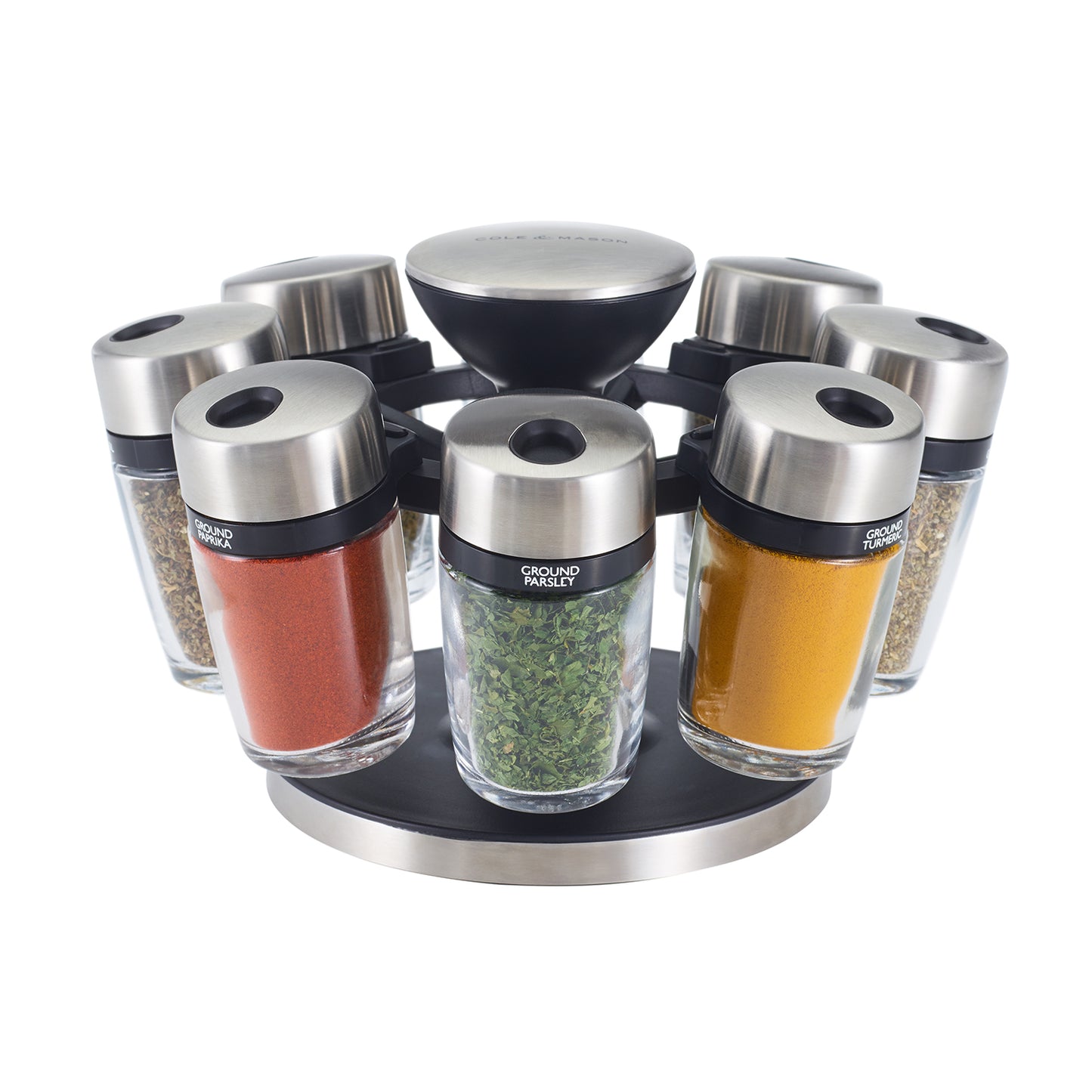 Cole & Mason Premium 8 Jar Filled Herb & Spice Carousel, Stainless Steel & Glass, 13.5cm