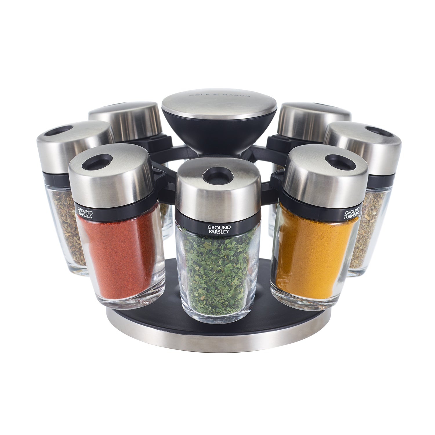Cole & Mason Premium 8 Jar Filled Herb & Spice Carousel, Stainless Steel & Glass, 13.5cm