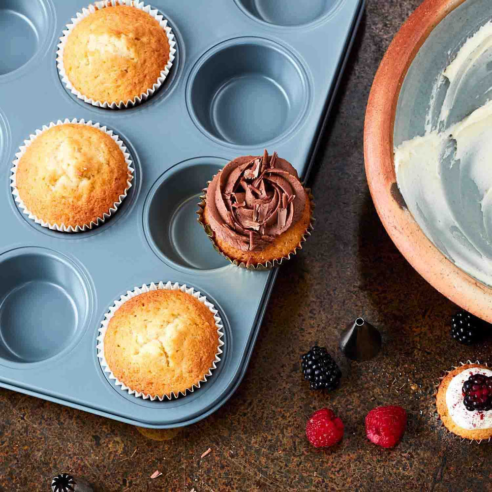 Jamie Oliver Premium Carbon Steel Muffin Tray with 12 Holes for Cupcakes & Mini Cakes, Harbour Blue