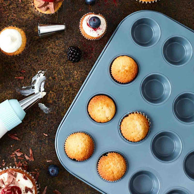Jamie Oliver Carbon Steel Non-Stick Mini Muffin Tray with 24 Holes, Harbour Blue